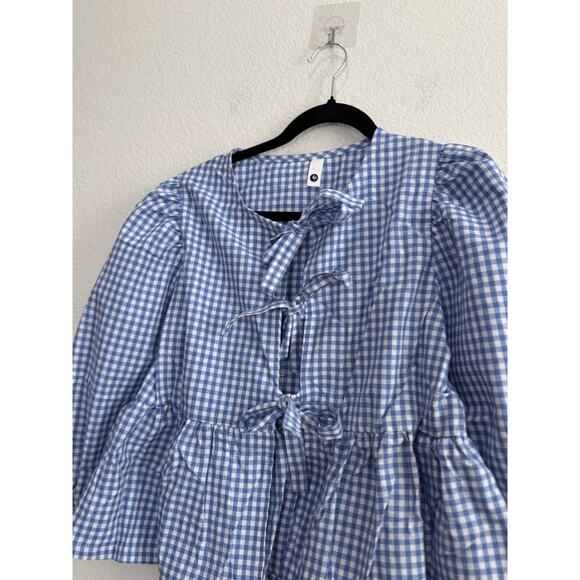 NWOT Women's Checkered Blue Tie Front Top White Country Retro Feminine Medium - Picture 4 of 13